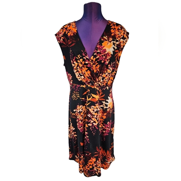 Lascana Venus Black & Orange Floral Print Faux Wrap Midi Dress Size Medium Women - Picture 2 of 9